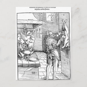 Uitzicht van een keuken uit de zestiende eeuw met briefkaart