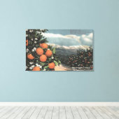 Uitzicht van een Oranje boomgaard met bergen Canvas Afdruk (Insitu (Houten vloer))