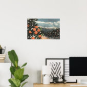 Uitzicht van een Oranje boomgaard met bergen Poster (Thuiskantoor)