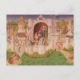 Uitzicht van een stad met arbeiders die wegen verh briefkaart