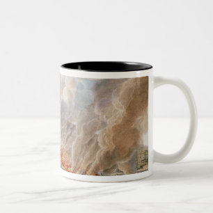Uitzicht van een uitbarsting van Mt. Vesuvius die Tweekleurige Koffiemok