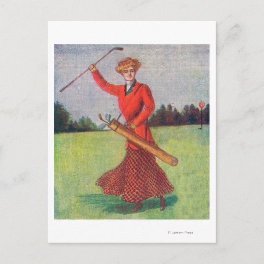 Uitzicht van een vrouw in Red Golfing Briefkaart (Voorkant)