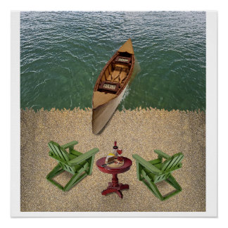 Uitzicht van het strand met wijn- en kaaslekkernij perfect poster