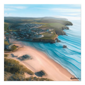 Uitzicht van het strand van Cornish en schilderij Foto Afdruk
