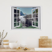 Uitzicht van het watervalgebergte Faux-venster Poster (Keuken)
