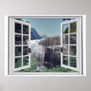 Uitzicht van het watervalgebergte Faux-venster Poster