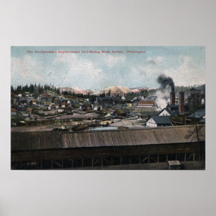 Uitzicht van mijnschacht en -stad vanuit de lucht poster
