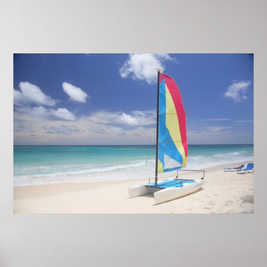 Uitzicht van strand met zeilboot poster (Voorkant)