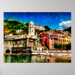 Uitzicht Vernazza, Italië. Waterverf schilderkegel Poster