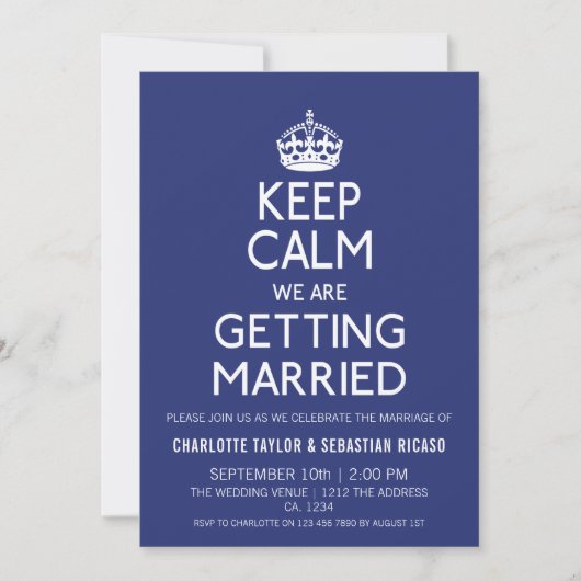 UK Keep Calm Wedding Britain Blue Crown Aankondiging (Voorkant)