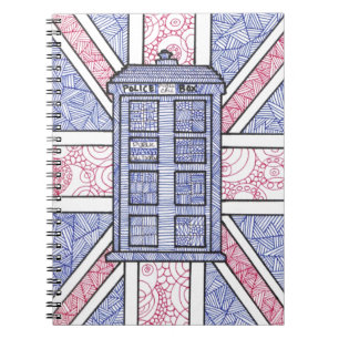 UK Police Box Union Jack Hand Illustrated Line Art Notitieboek