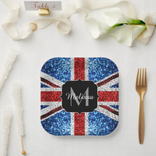 UK vlag rood blauw wit glitters glanst Monogram Papieren Bordje