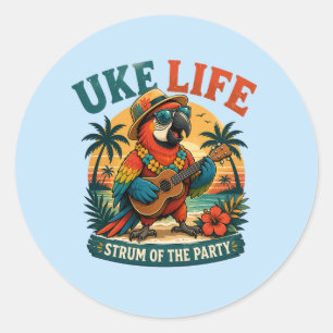 Uke Life Papegaai – Ukulele Vogel met Eiland Vibe Ronde Sticker