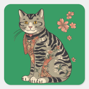 Ukiyo-e Cat en bloemen Pattern Vol.2 Vierkante Sticker