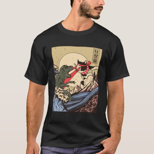 Ukiyo-e Catzilla Samurai versus Giant Kaiju  T-shirt (Voorkant)