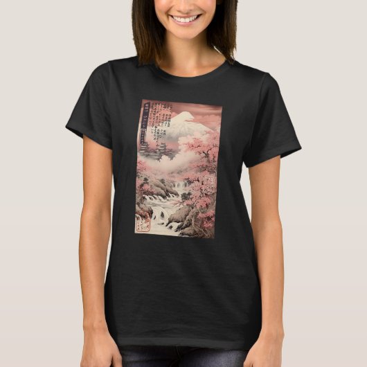 Ukiyo-e Cherry Blossom Mountain Landschap Japans T-shirt (Voorkant)