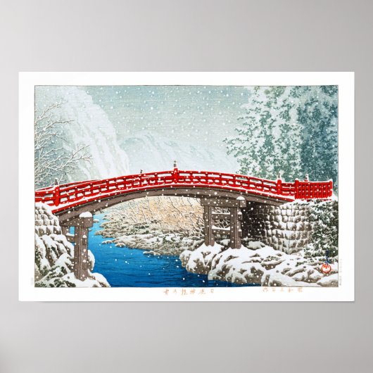 ukiyoe - hasui - m12 - sneeuw op de Shinkyo Bridge Poster (Voorkant)
