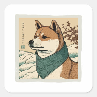 UKIYOE JAPANESE: SHIBA INU VIERKANTE STICKER
