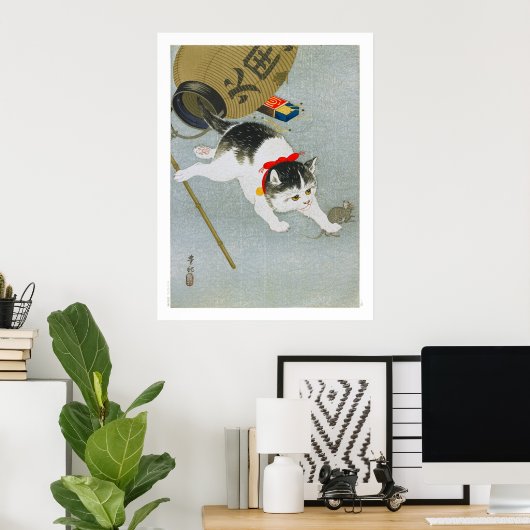 Ukiyoe [Koson] Kitten en Lantern (M) Poster (Thuiskantoor)