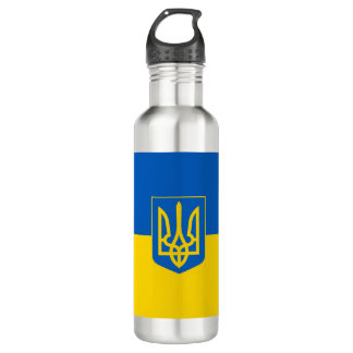 Ukrainian flag. Coat of Arms. We support Ukraine.  Waterfles