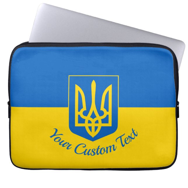 Ukrainian flag with coat of arms and custom text laptop sleeve (Voorkant)