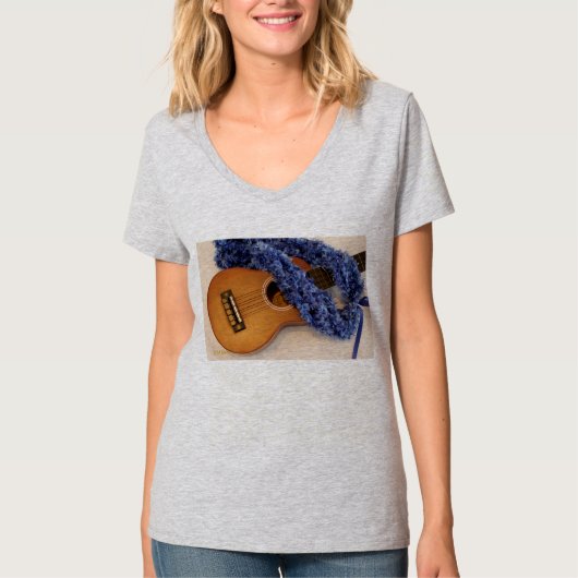 Ukulele en Blue Lei T-shirt (Voorkant)