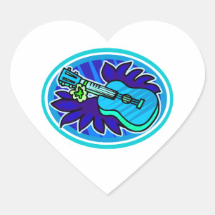 Ukulele met bladeren en bloemen, blauw hart sticker