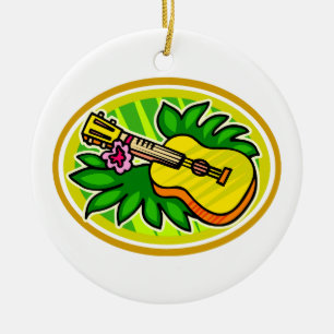 Ukulele met bladeren en bloemen, geel keramisch ornament