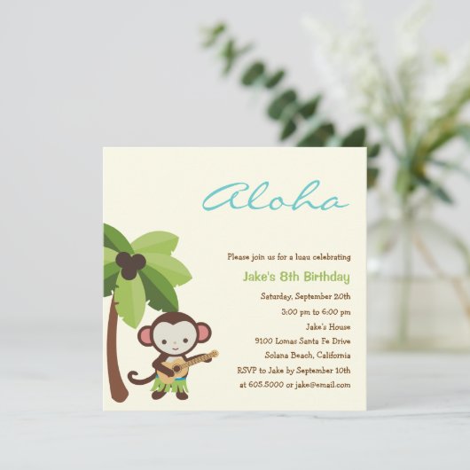 Ukulele Monkey Luau Party Invitation Kaart (Staand voorkant)