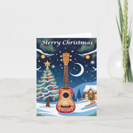 Ukulele Muziekinstrument Sneeuwboom Kerstmis Feestdagen Kaart