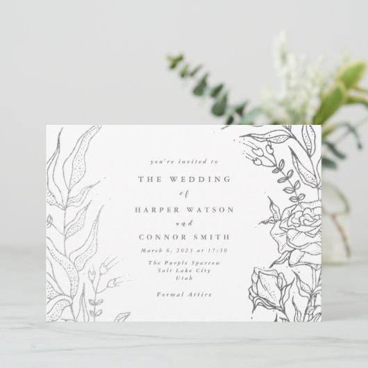 Ultiem Roos Grijze Zilver Elegant Floral Wedding Kaart (Staand voorkant)