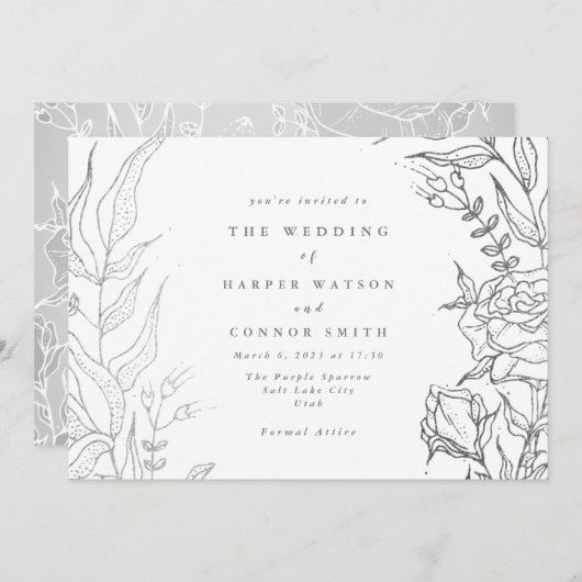 Ultiem Roos Grijze Zilver Elegant Floral Wedding Kaart (Voorkant / Achterkant)