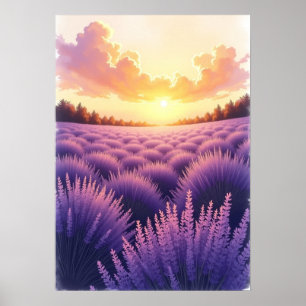 Ultra-gedetailleerd zonsondergang lavendellandscha poster