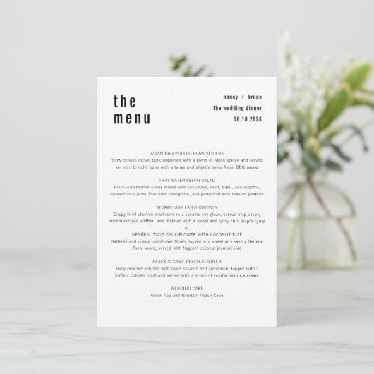 Ultra minimaal stijlvol zwart wit bruiloft diner menu (Staand voorkant)
