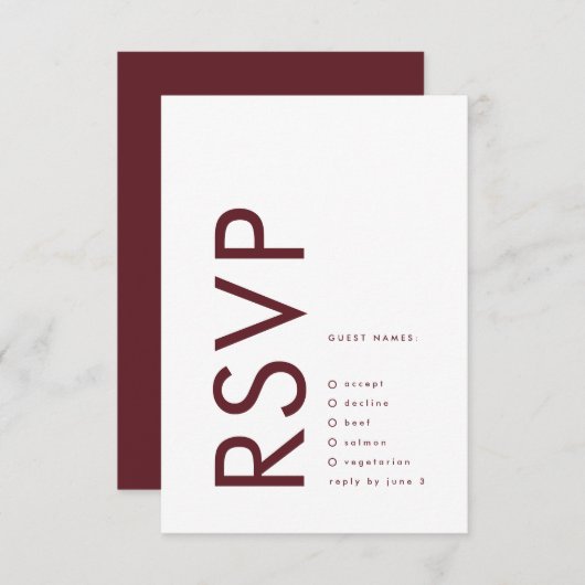 Ultra Modern Burgundy Maroon Monogram Weddenschap RSVP Kaartje (Voorkant / Achterkant)