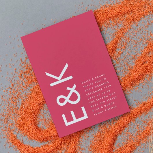 Ultra Modern Magenta Red White Monogram Weddenscha Kaart