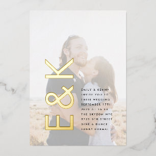 Ultra Modern Monogram Eenvoudige Huwelijk Goud Fot Folie Uitnodiging