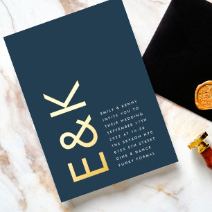 Ultra Modern REAL GOLD Monogram Navy Blue Wedding Folie Uitnodiging