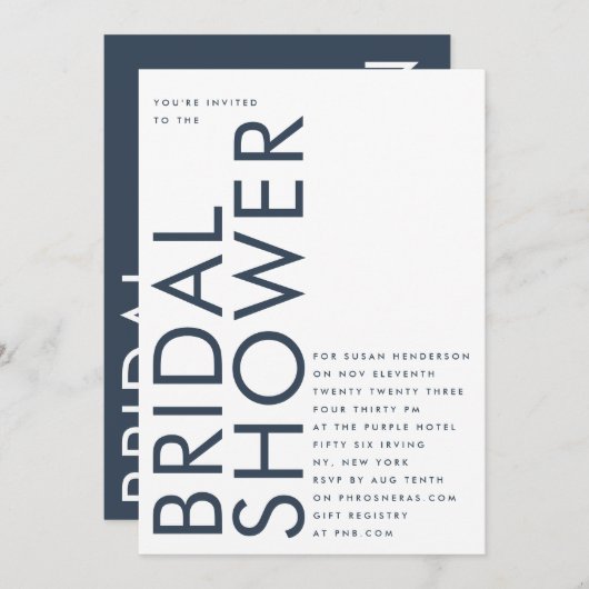 Ultra Navy Blue Modern Custom Name Bridal Kaart (Voorkant / Achterkant)