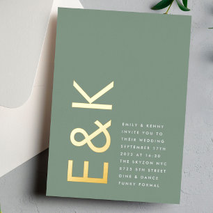 Ultra Sage Green GOLD Monogram Simple Weddenschap Folie Uitnodiging