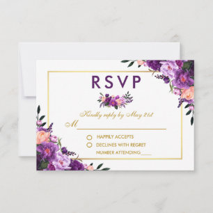 Ultra Violet Paarse Bloemen Goud RSVP Bruiloft Kaartje