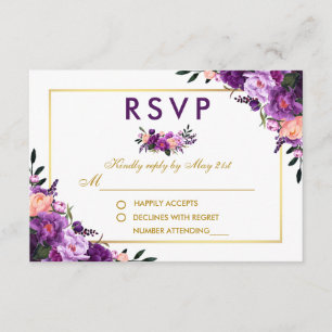 Ultra Violet Paarse Bloemen Goud RSVP Bruiloft P Kaartje