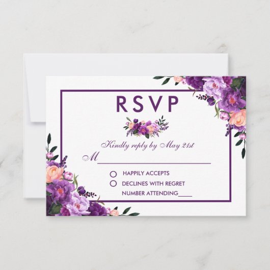 Ultra Violet Paarse Bloemen RSVP Bruiloft V Kaartje (Voorkant)