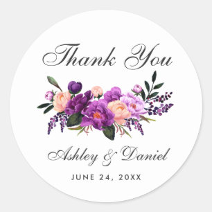 Ultra Violet Paarse bloemenbruiloft dank u L Ronde Sticker