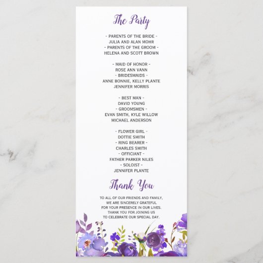 Ultra Violet Paarse Bloemige Huwelijksprogramma Programma (Achterkant)