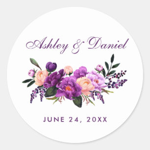 Ultra Violet Paarse Floral Waterverf Wedding PS Ronde Sticker