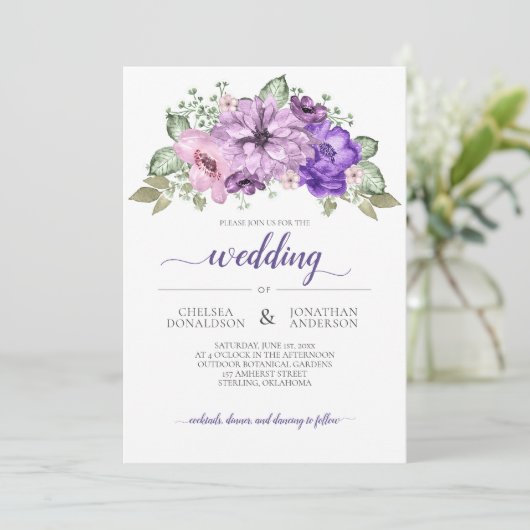 Ultra Violet Paarse Roze Groene Bloemige Bruiloft Aankondiging (Staand voorkant)
