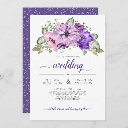 Ultra Violet Paarse Roze Groene Bloemige Bruiloft Aankondiging (Voorkant / Achterkant)