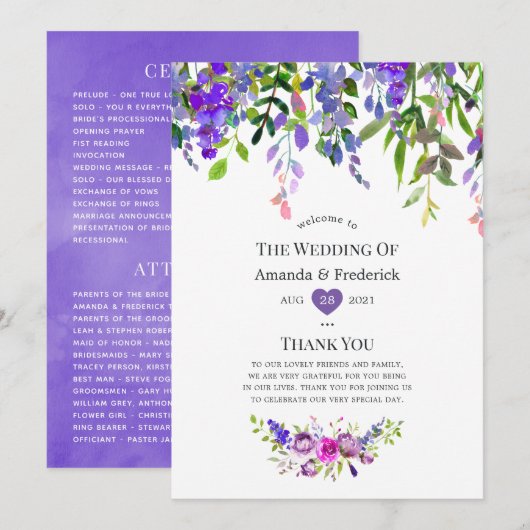 Ultra Violet Trouwprogramma met waterverf bloemen Programma (Voorkant / Achterkant)