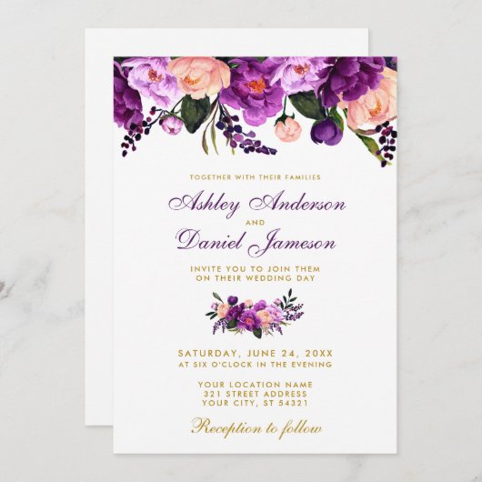 Ultra violet violet Faire-part de mariage or flora (Devant / Derrière)